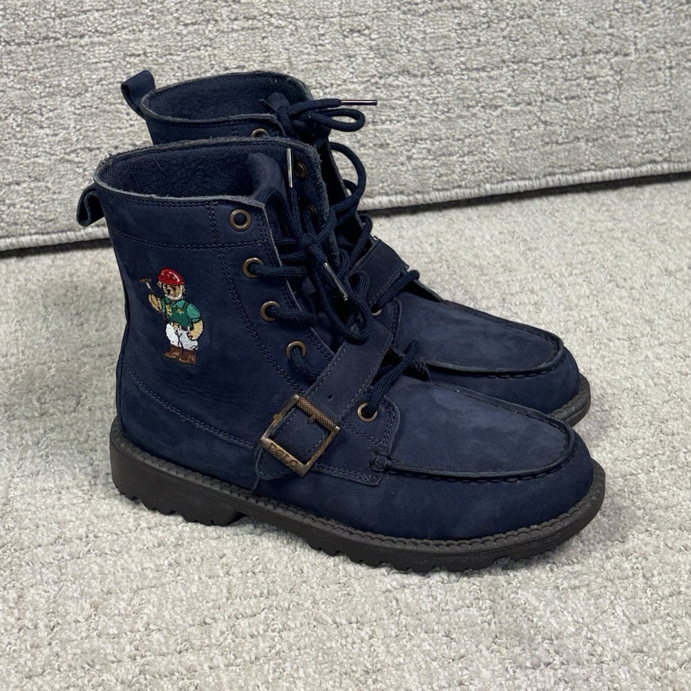 Polo Ralph Lauren Ranger Hi II Bear Boots Navy Blue Leather Suede Boys Size 4